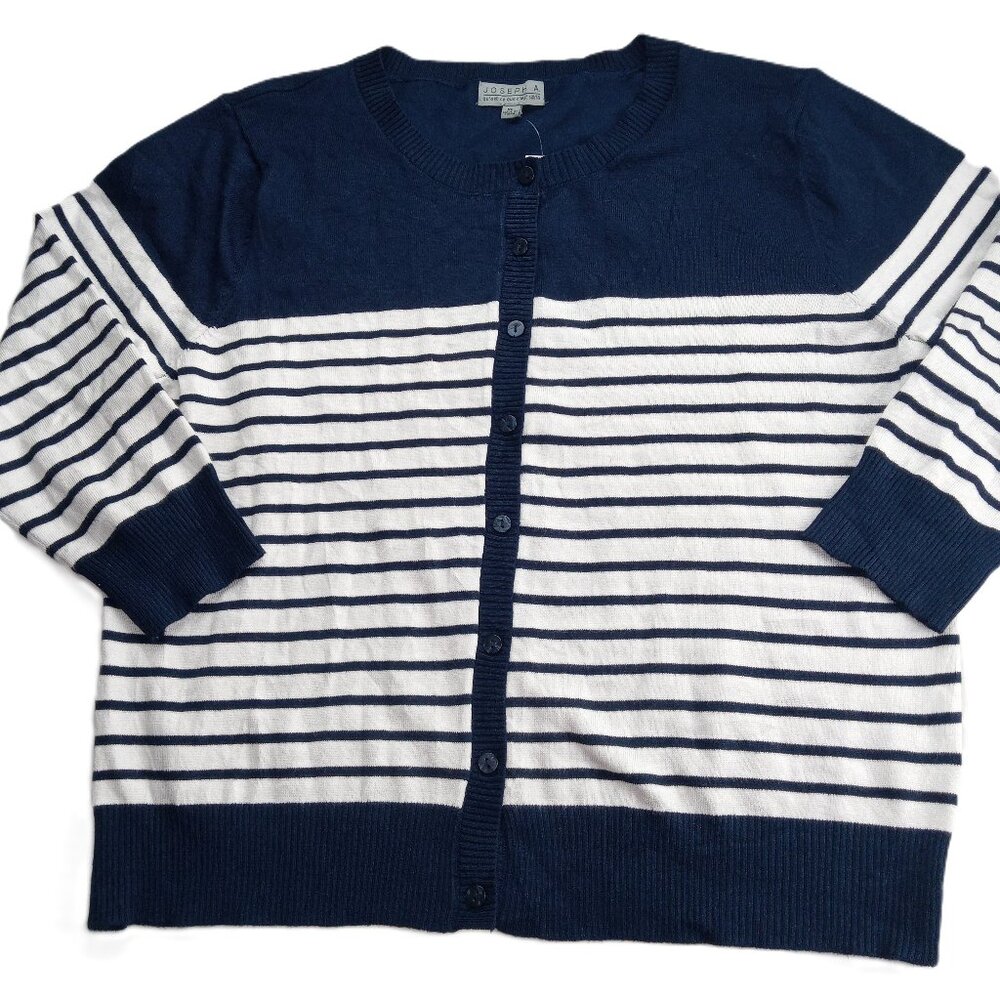 Joseph A Women's Button Front Cardigan Sweater Size XL Blue White Striped